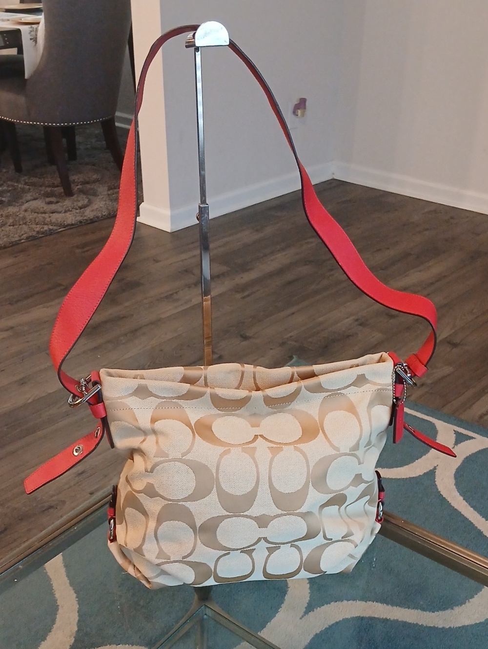 Coach Signature Canvas Shoulder Bag with Coral-Red Leather Strap